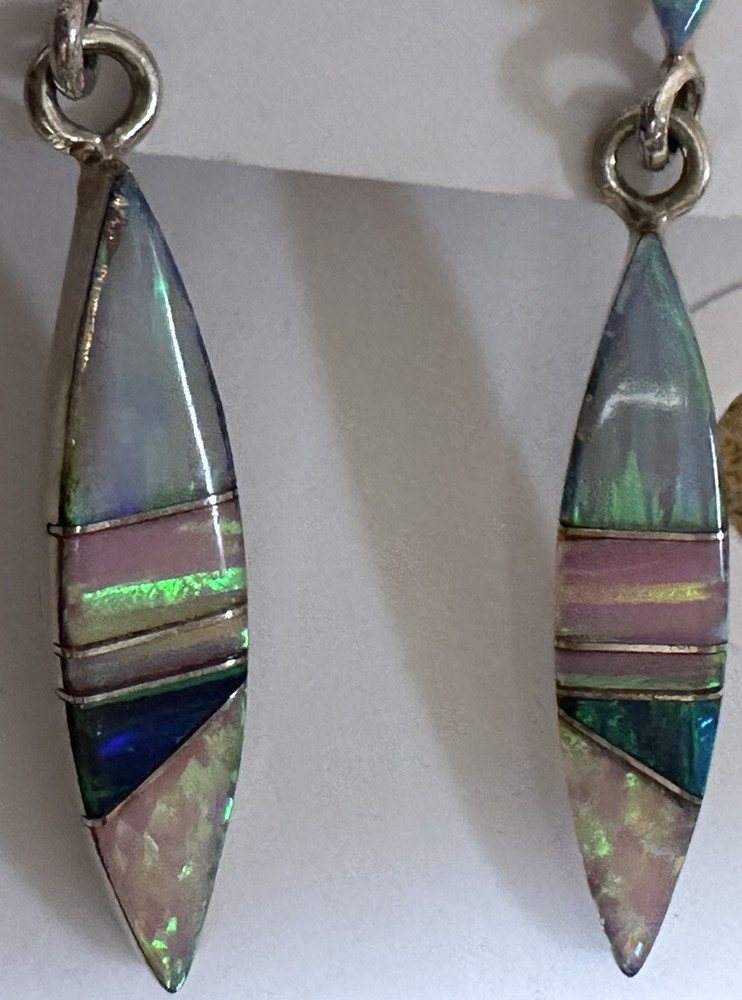 Sterling Silver Opal Inlay Dangle Earrings, Native American