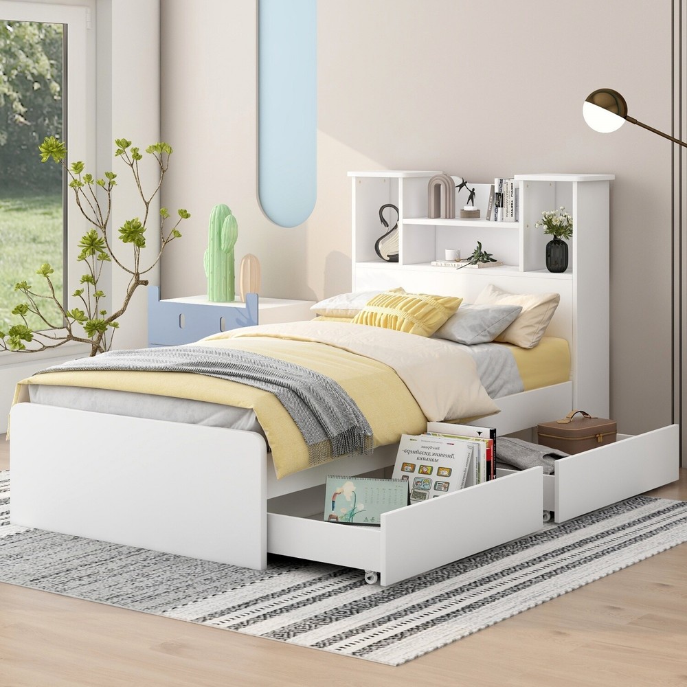 Twin Size Bed Frame Wood Platform Bed with Storage Shelf & Drawer & LED Light US