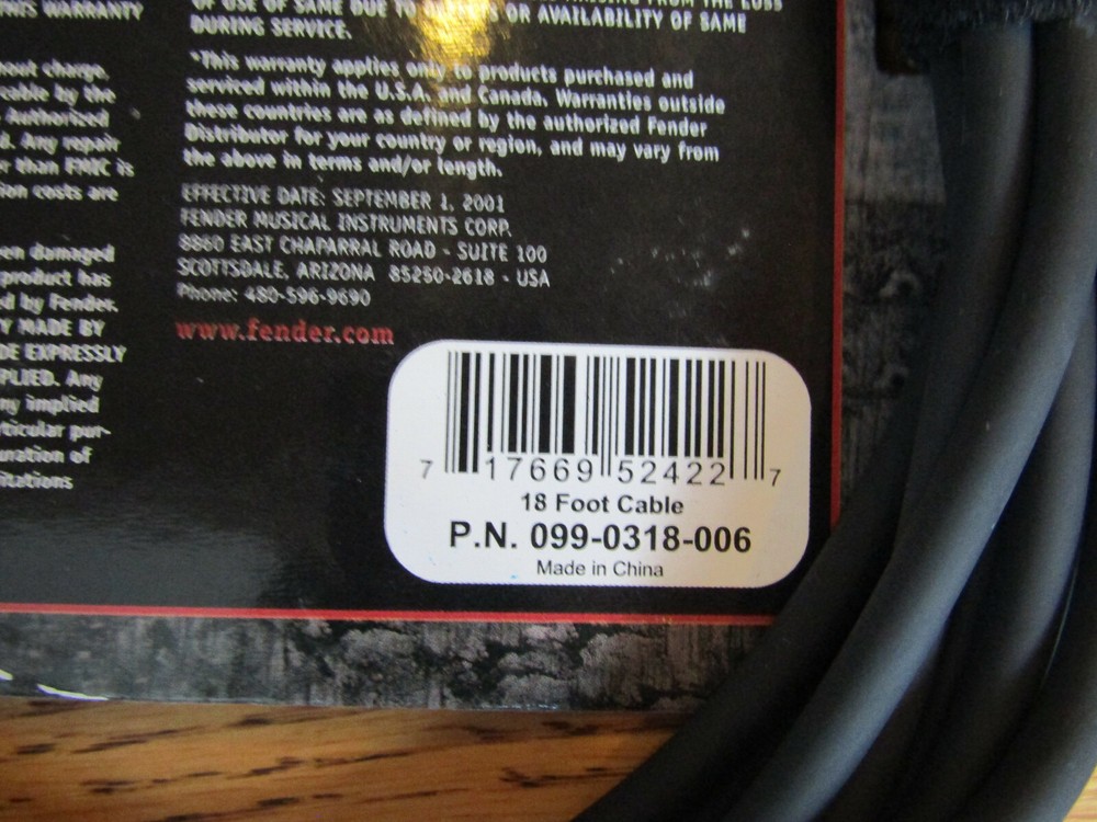 FENDER ELECTRO-VOLT BLACK GUITAR CABLE / CORD - 18' FOOT