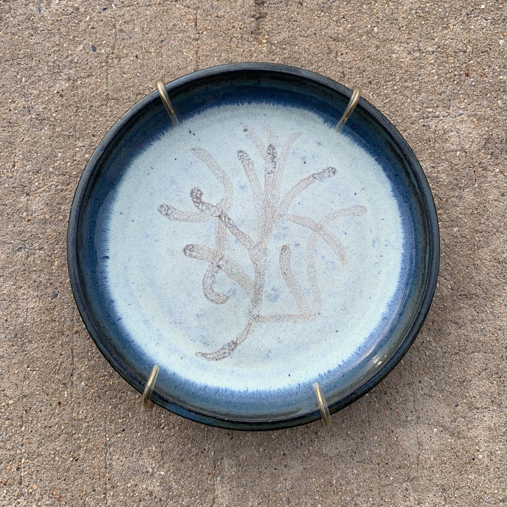 Art Studio Pottery Plate Platter Display 10” Blue Tree Star Kelp Pattern- Signed