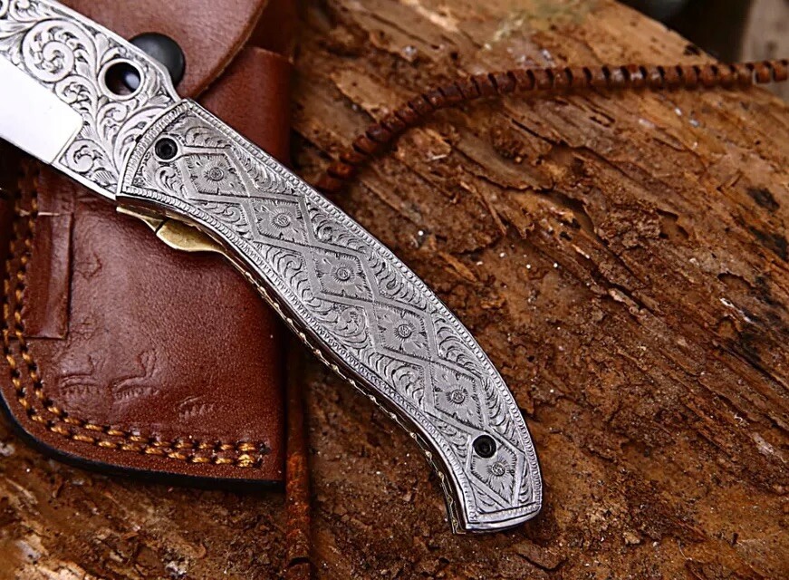 Custom Handmade D2 Steel Engraved Folding knife