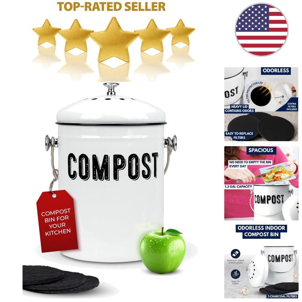 White Stainless Steel Compost Bin - 1.3 Gal Capacity