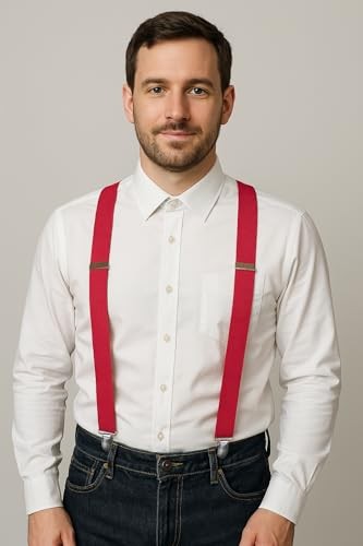 Mens Solid Color Suspender with 3 Cilps Adjustable Braces Red