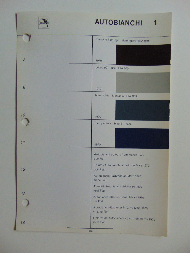 Original Glasurit Autobianchi Paint Chips Sheet