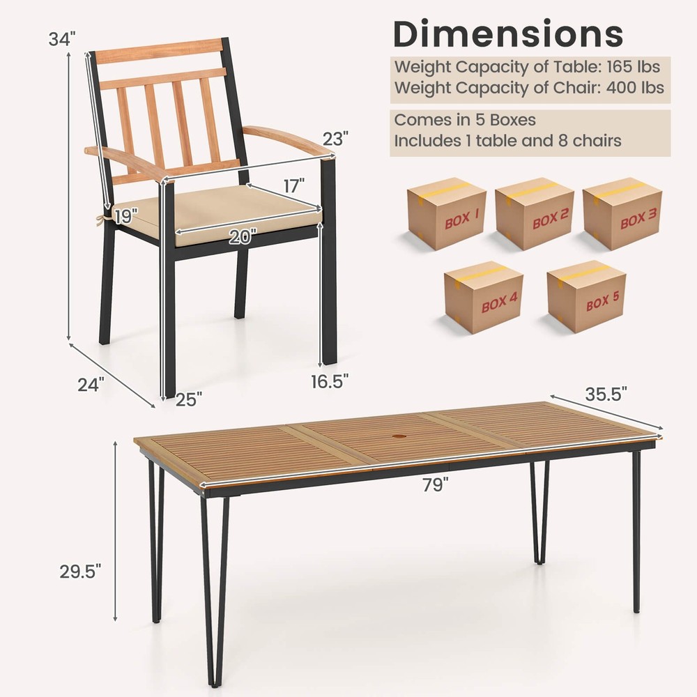 9 PCS Patio Dining Set w/Rectangular Acacia Wood Dining Table 8 Cushioned Chairs