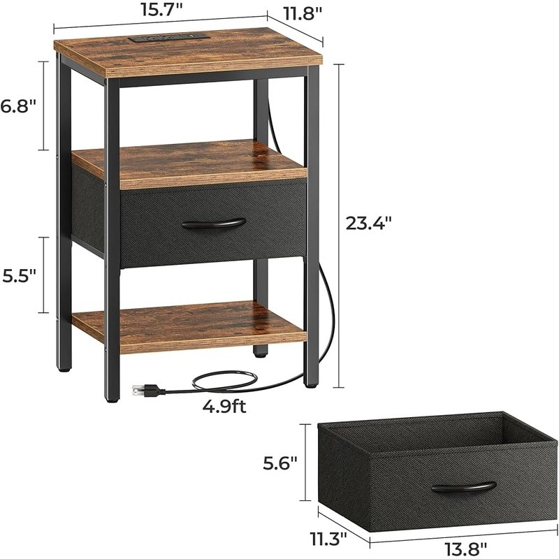 Nightstand W/ Charging Station USB Fabric Drawer Storage Shelf End Table