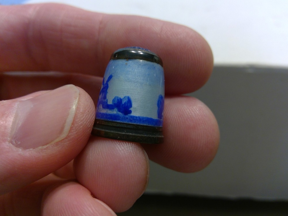 Sterling Silver & Enamel Thimble - Blue Farm Scene Windmill - AS IS