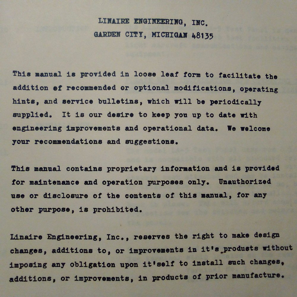 LinAire Nav Com Test Panel Model LA-5 Install Operation Service & Parts Manual