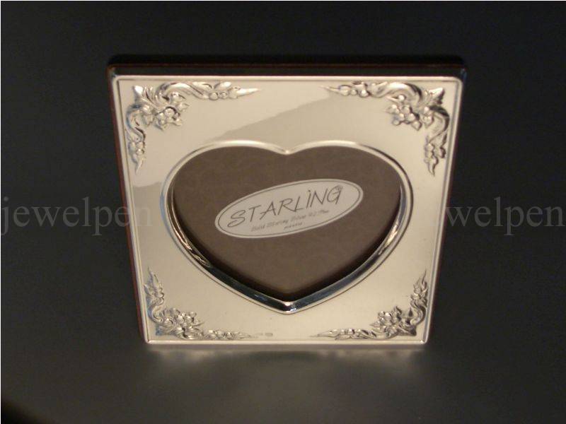 Large Elegant Heart Photo Frame Solid 925 STERLING SILVER Mahogany Back(V2)