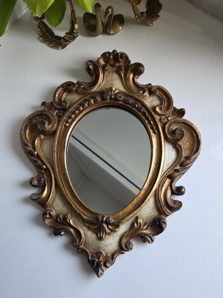 Vintage Ornate Wood Framed Oval Mirror, Scroll Design