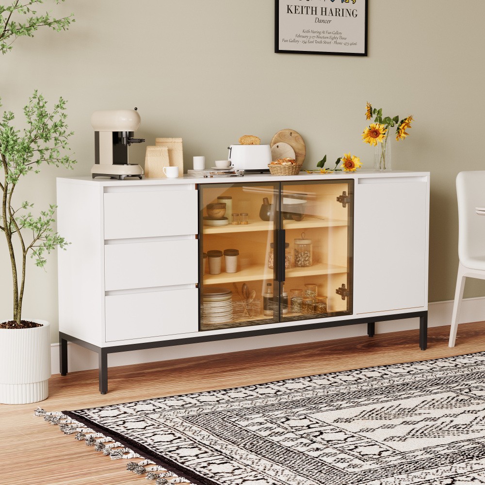 White Buffet Cabinet - Storage, Doors + 3 Drawers, Pantry/Console for Kitchen