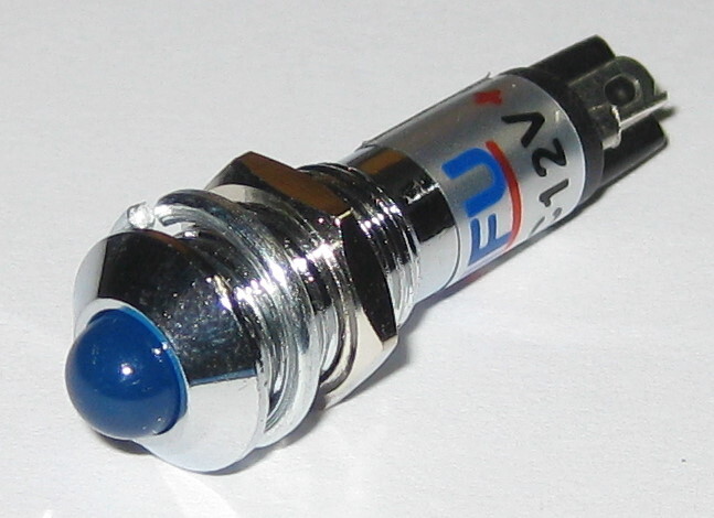 Panel Mount LED - Blue - Chrome Case - 12V DC - 8mm Mounting - Lockwasher / Nut