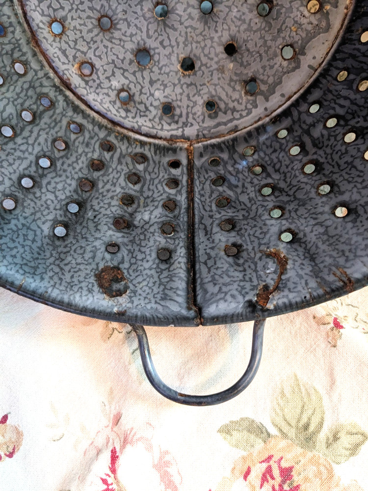 Antique Graniteware Colander Enamelware Strainer Rustic Primitive Farmhouse