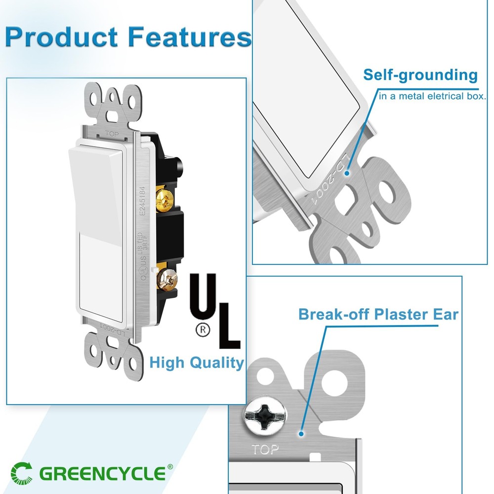 Greencycle Single Pole Rocker Light Switch,Paddle Switch Pole, 2