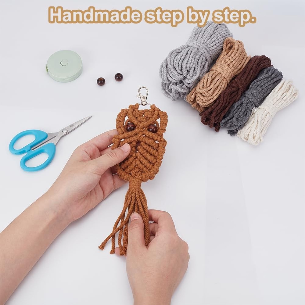 6PCS Owl Macrame Keychain Kit for Adults Beginners Owl Boho Macrame Keychain ...