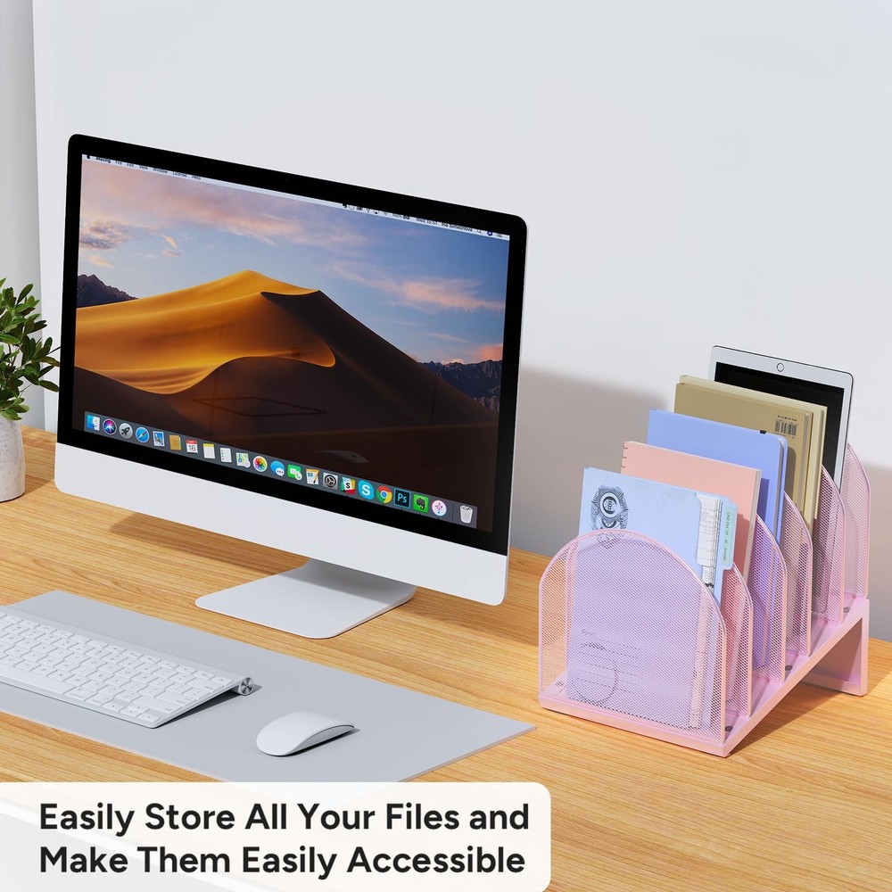 5 Section Desk File Organizer Metal Mesh Folder Documents Mail Pink