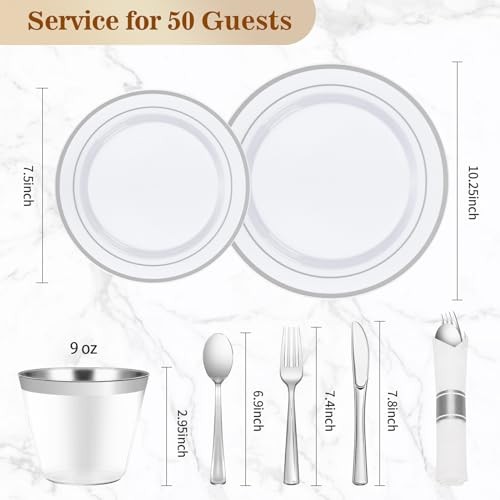 350PCS Plastic Dinnerware Set, Disposable Party Plates for 50 Guests Silver