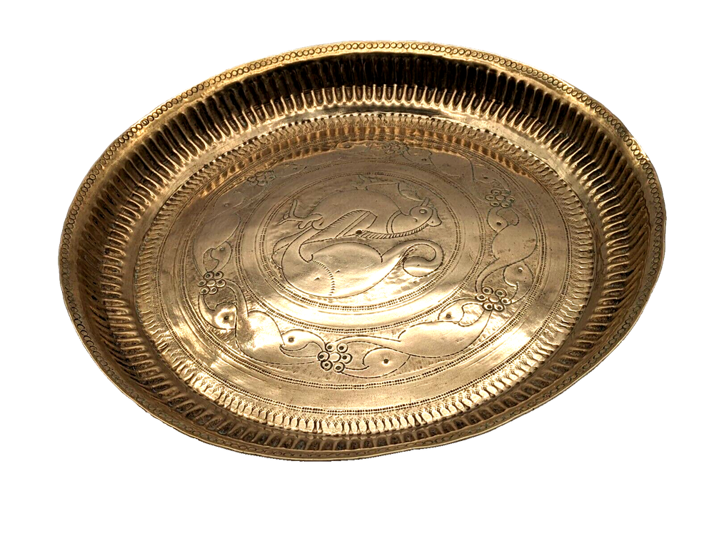 Antique Islamic Indian Engraved Solid Brass Tray Birds