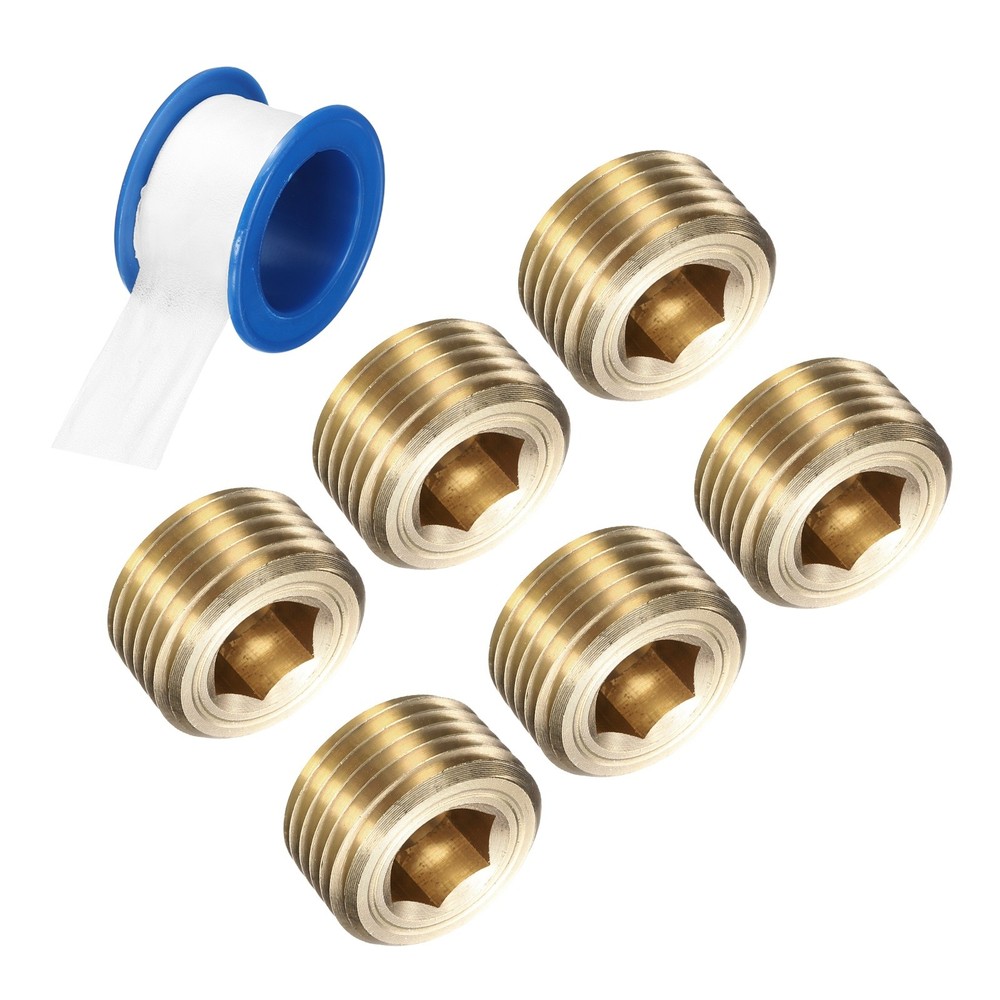 6Pcs 1/2 NPT Brass Pipe Plug Fitting, Male Thread Internal Hex Socket Pipe Cap
