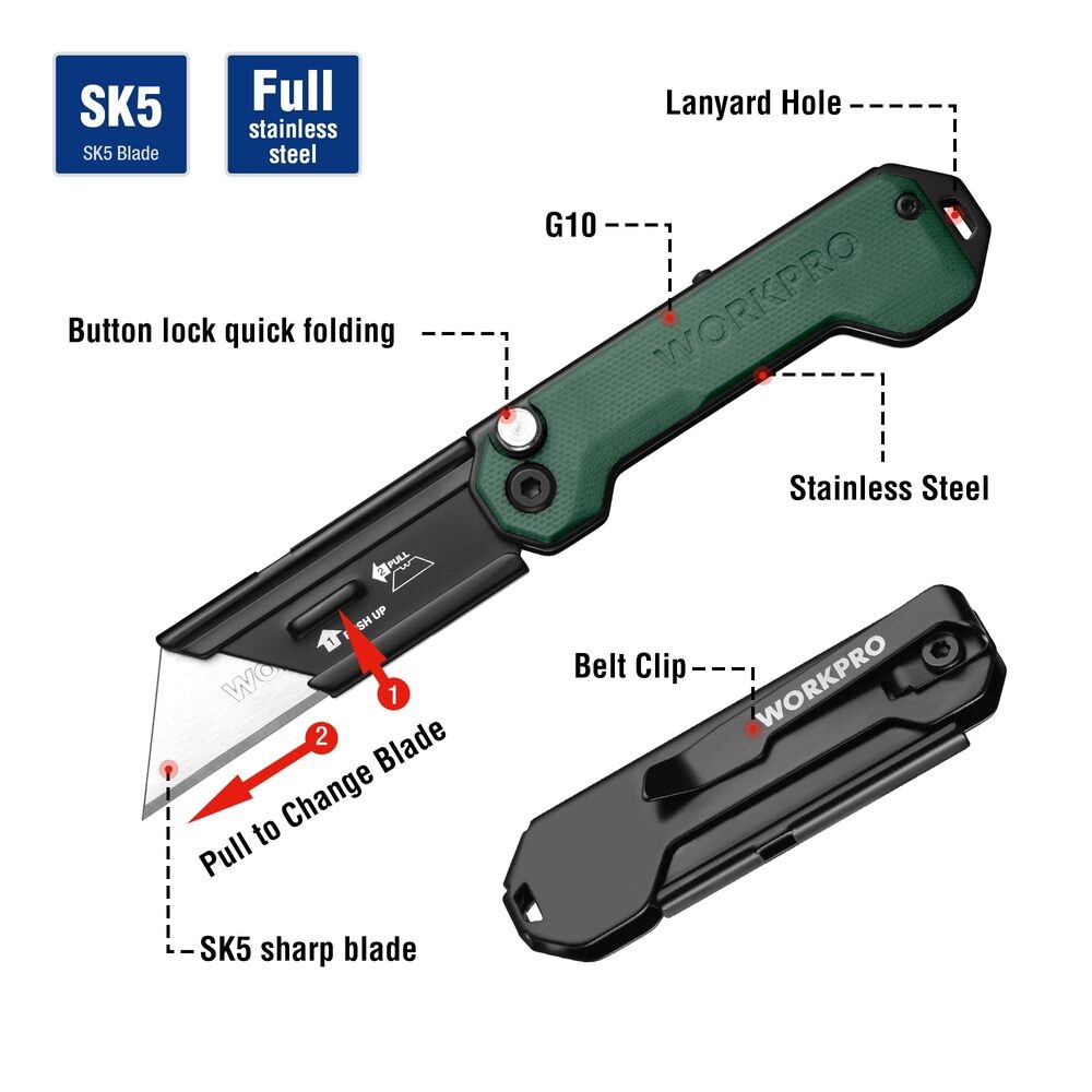 WORKPRO Folding Utility Knife Box Cutter Quick Change Blade Mini Knife Fast Open