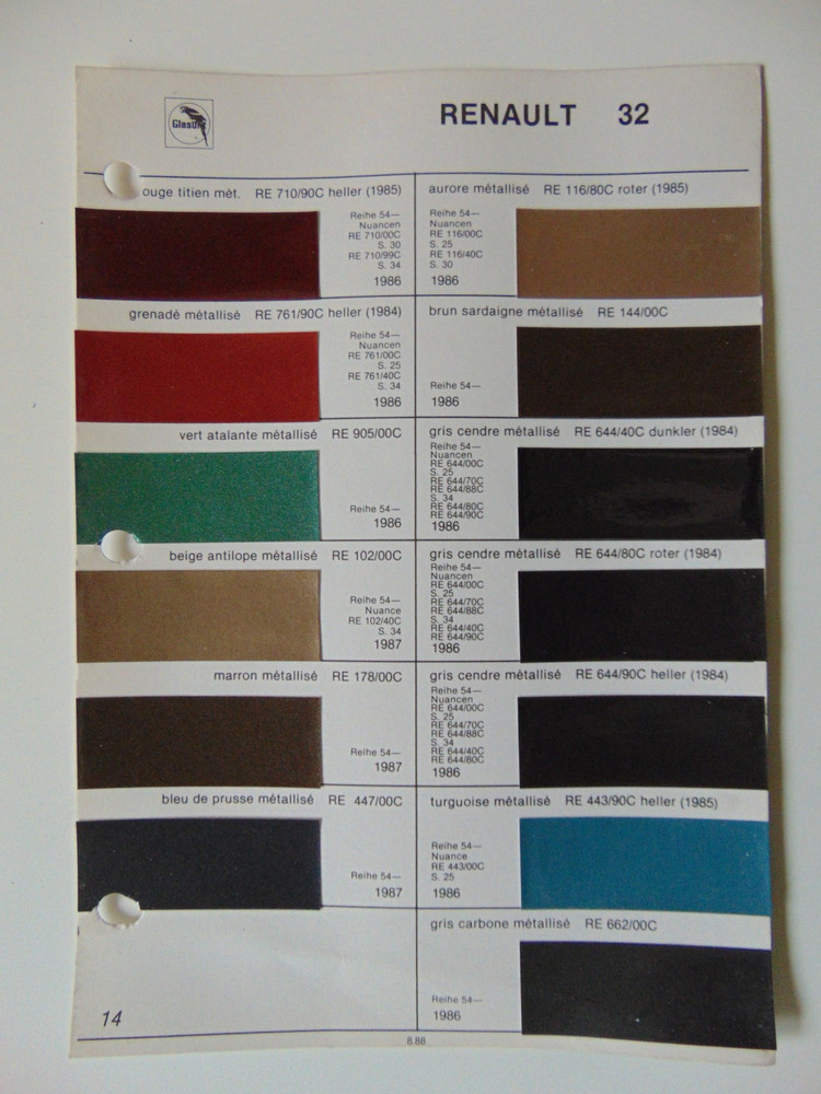 Original Glasurit Renault Paint Chips Sheet - 1986-1987