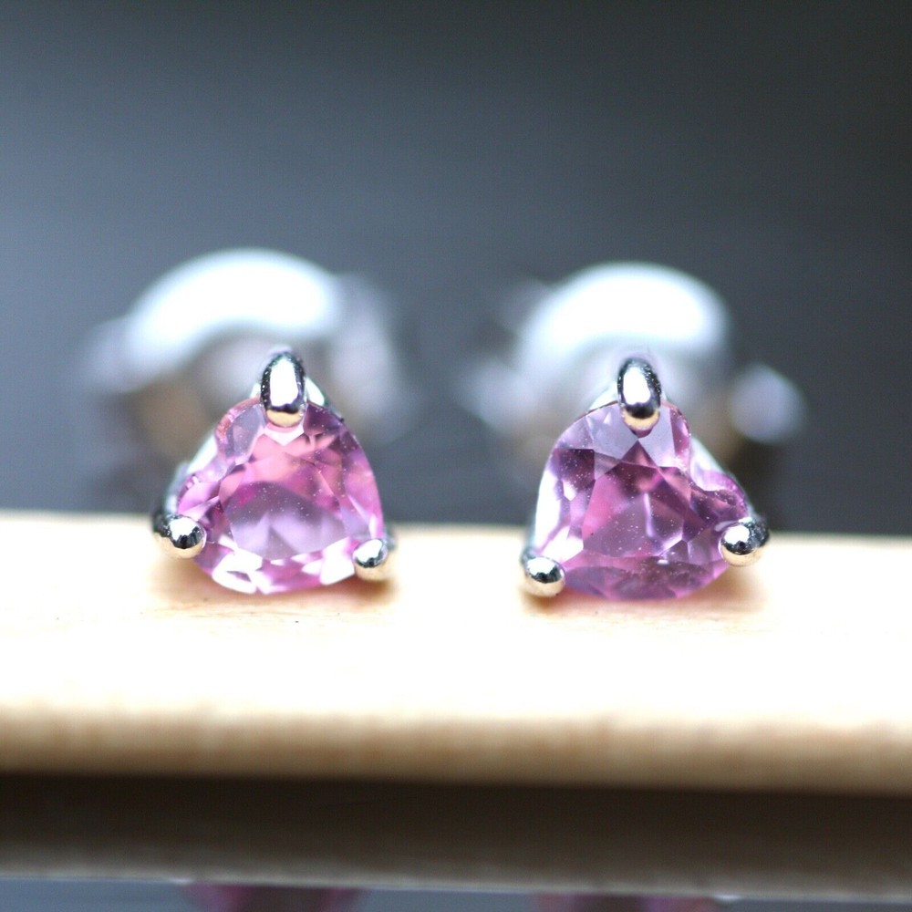 Tiny Lab Grown Pink Sapphire Heart Stud Earrings Solid Sterling Silver 925