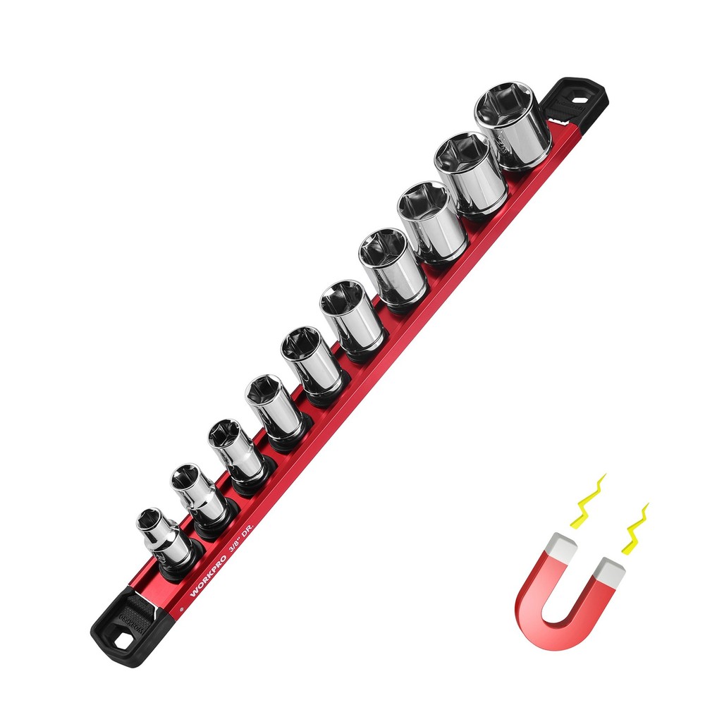 WORKPRO 3/8" Drive Magnetic Socket Organizer with 10Pcs Removable Socket Clips