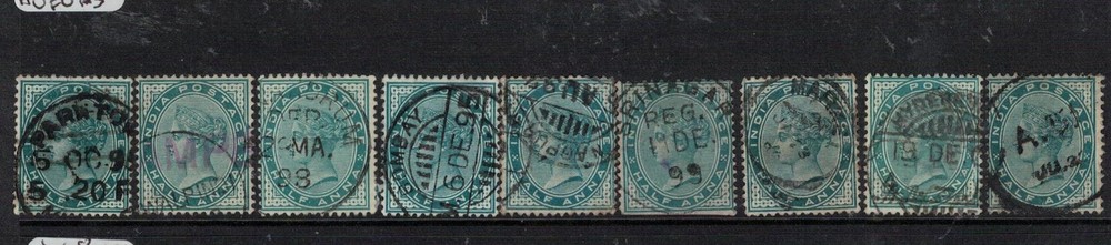 India QV 1/2A 9 assorted cancels VFU (1eie)