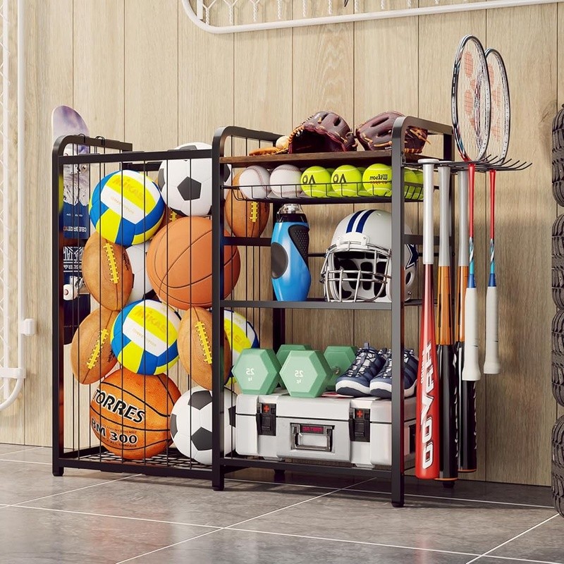 Sports Ball Storage Rack W/ Pull-Out Basket Multi-Function Hooks Organizer Black