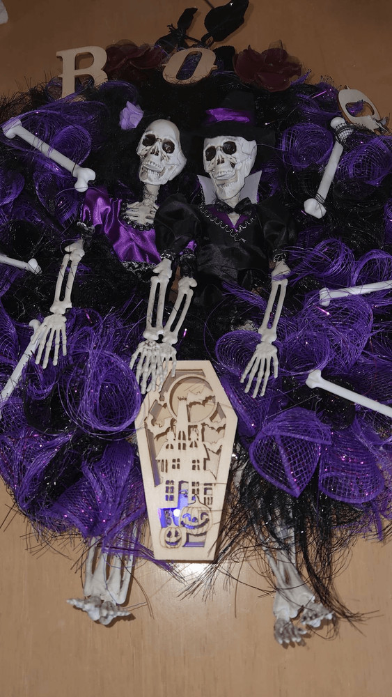 Handmade Halloween Mr and Mrs skeleton wreath