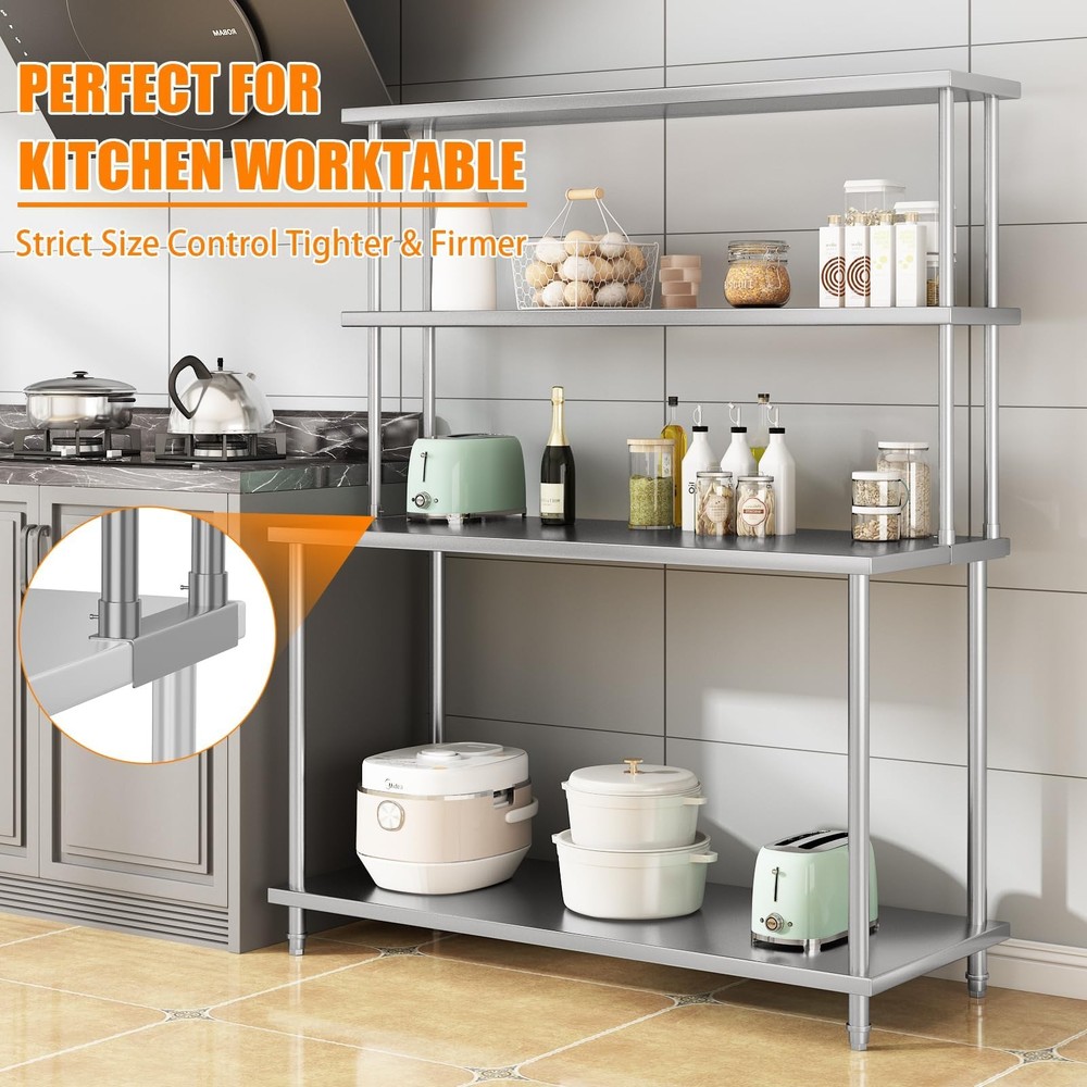 Stainless Steel Overshelf, 60"x12" 2-Tier Adjustable Shelf for Prep & Work Table