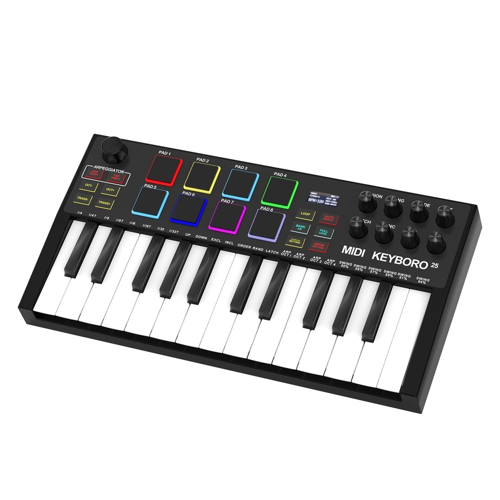 25Key USB MIDI Keyboard Controller with Backlit Pads and Knobs for Production