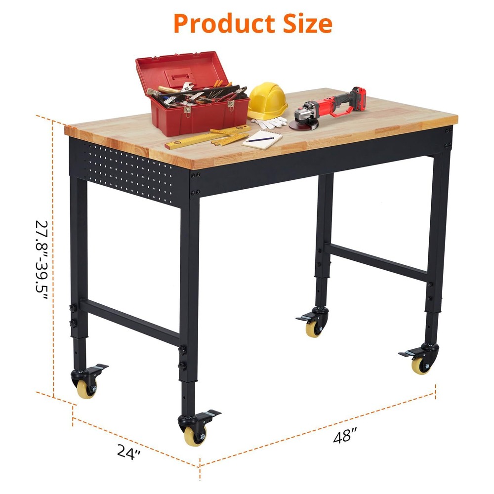 48"x24" Adjustable Workbench ,Heavy Duty Work Table with Power Outlet and Wheels