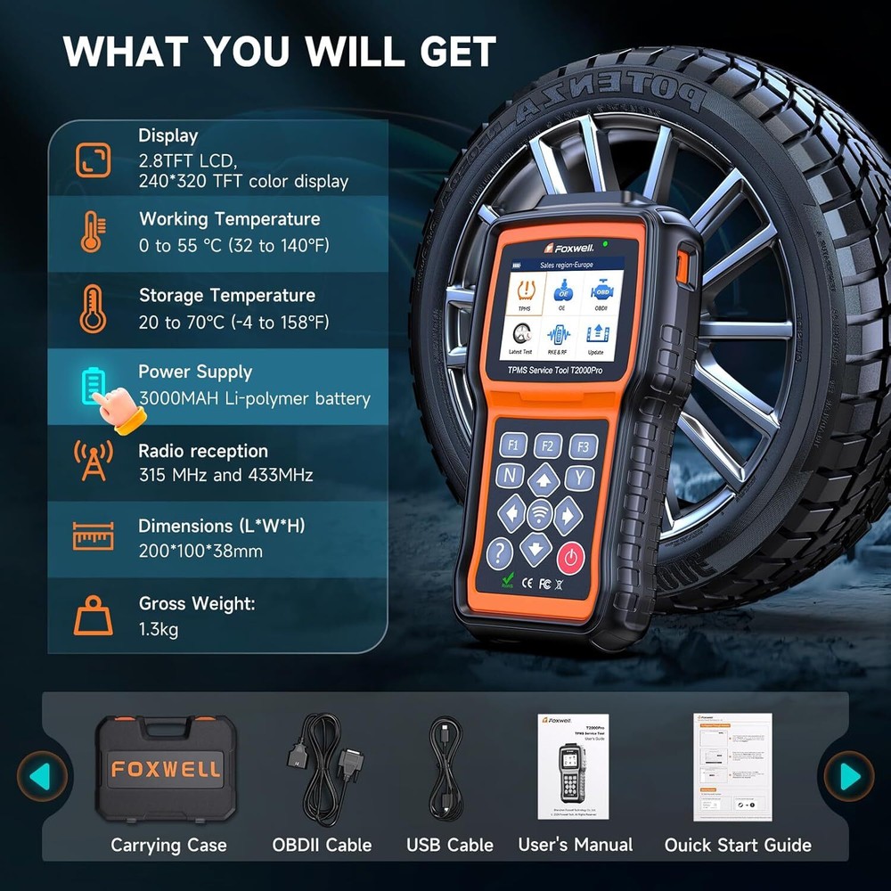 FOXWELL T2000 Pro Tire Pressure TPMS Relearn Activate Sensors Programming Tool