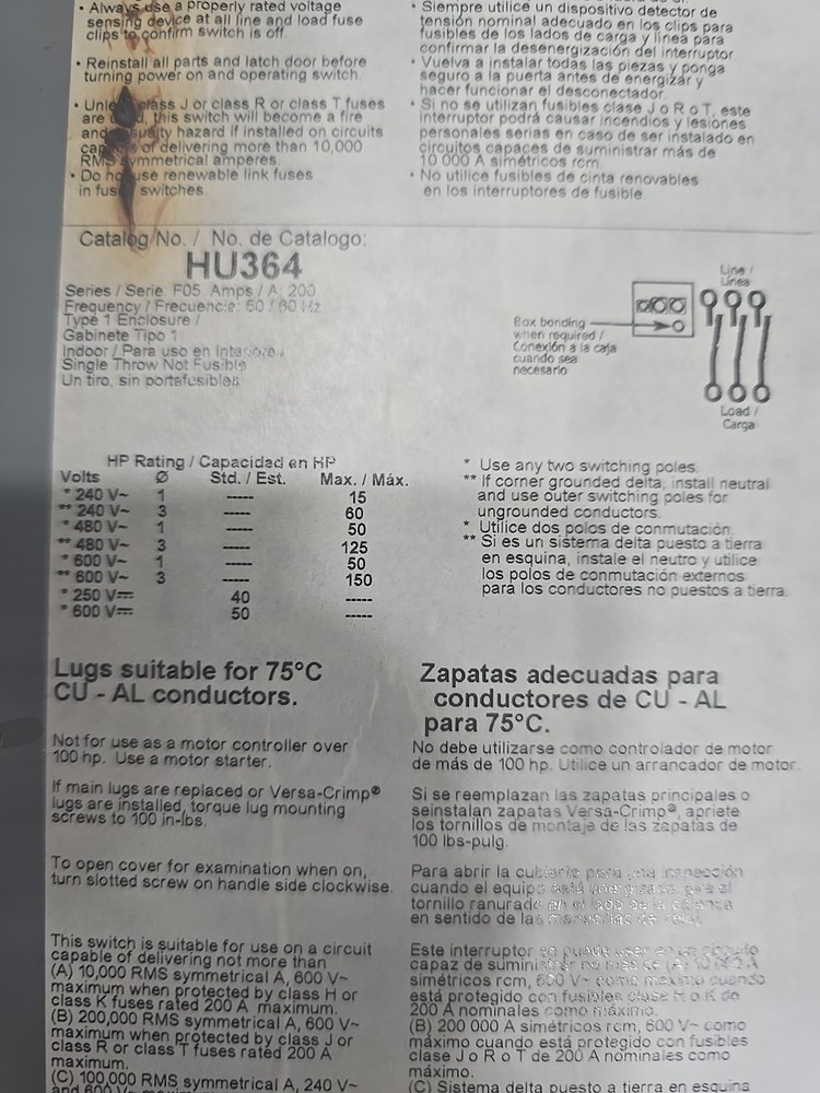 SQUARE D HU364 200 AMP 600 VOLT