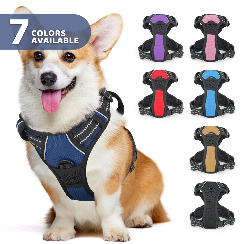 Padded Adjustable Control Pet Dog Harness Reflective Strips Navy Blue w/Handle
