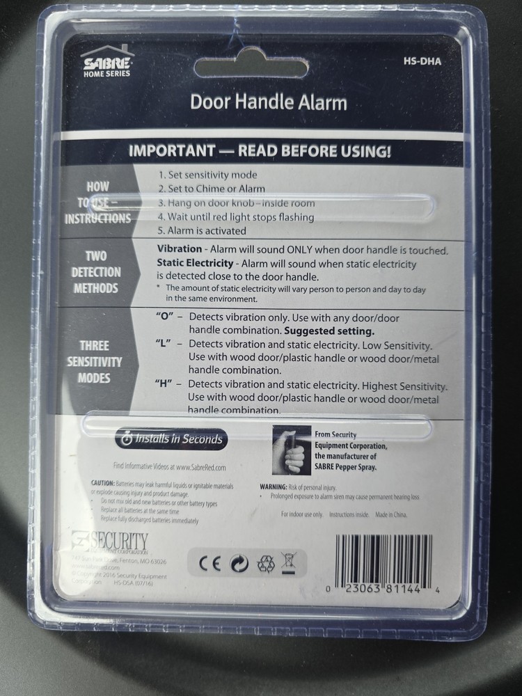 SABRE Door Handle Alarm New Sealed In Package Easy Installation