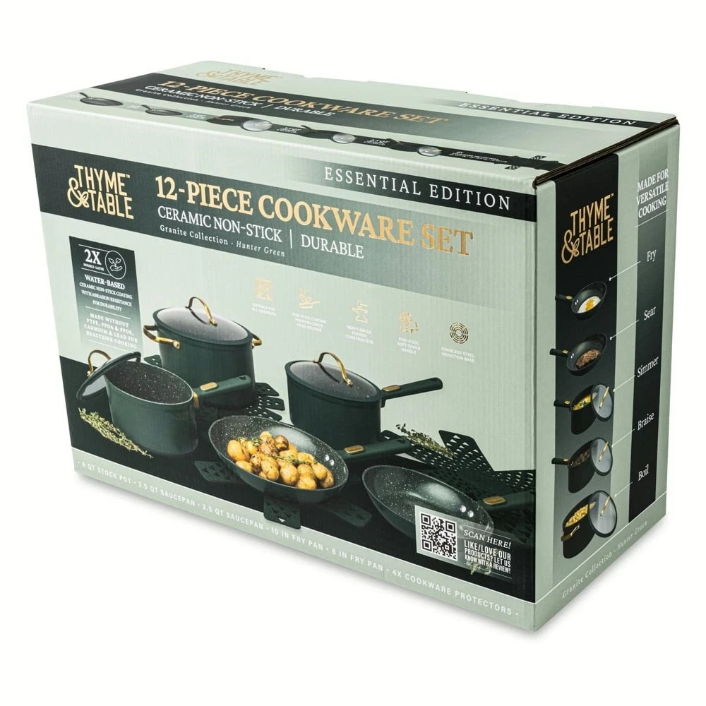 Thyme & Table 12-Piece Non-Stick Cookware Set, Granite Collection Hunter Green