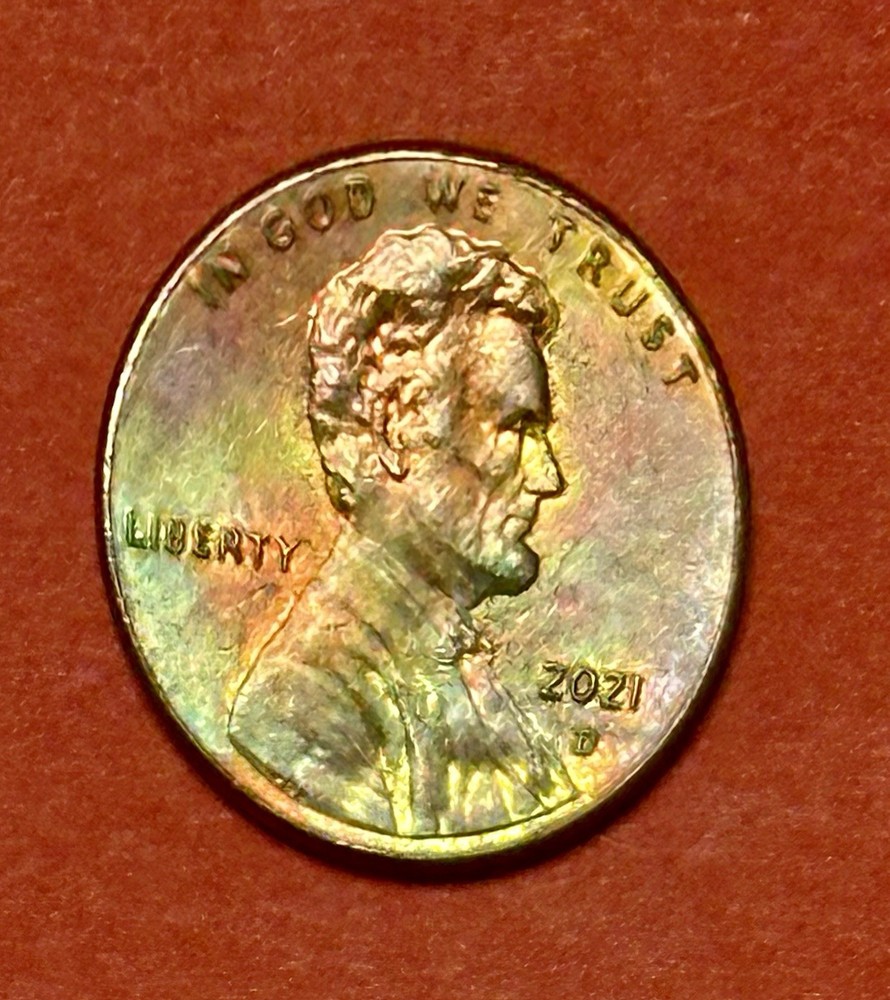 2021-D LINCOLN SHIELD 🛡️ CENT NICE RAINBOW COLORS AV-CIRCUL.#B4