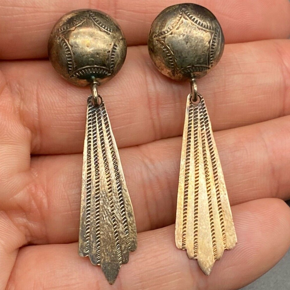 Vintage Navajo Silver Hand Stampwork Bead Dangle Earrings