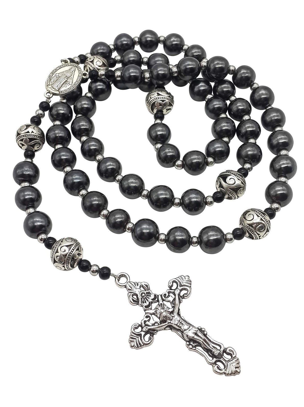 Hematite Rosary Black Stone Beads Metal Beaded Necklace Mary Miraculous Medal
