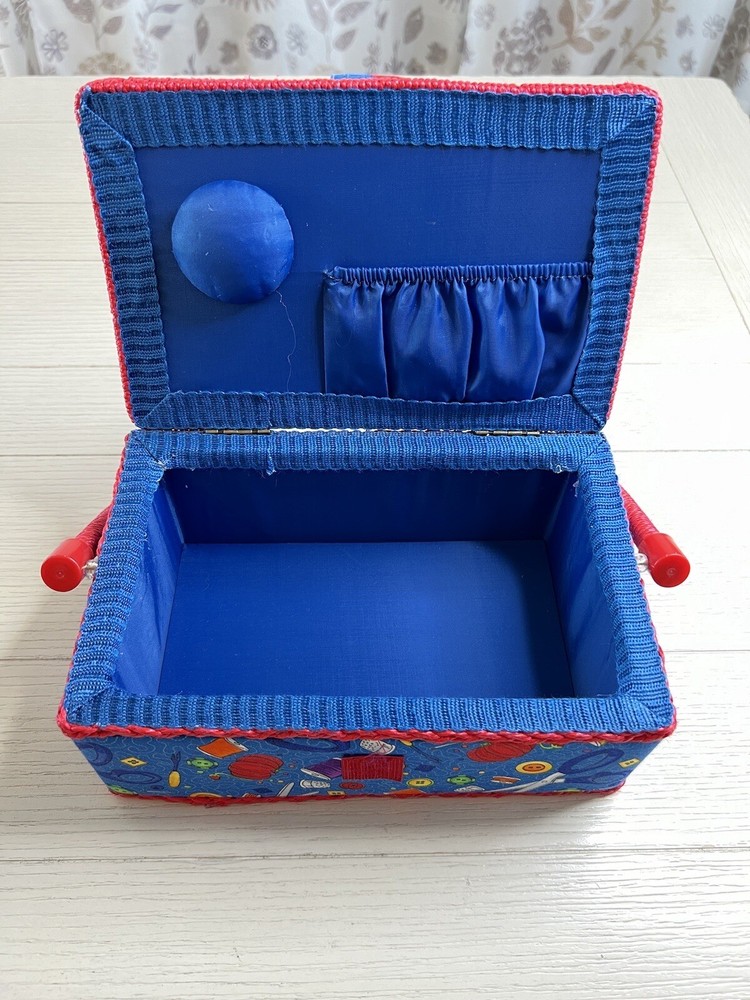 Sewing Basket Fabric Covered Red Trim And Handle