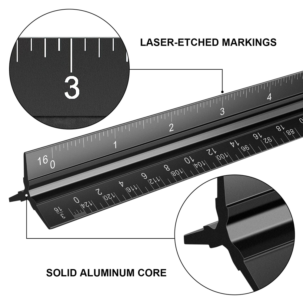 Engineers Architectural Scale Triangular Ruler with Standard Metal Ruler 2 Pack