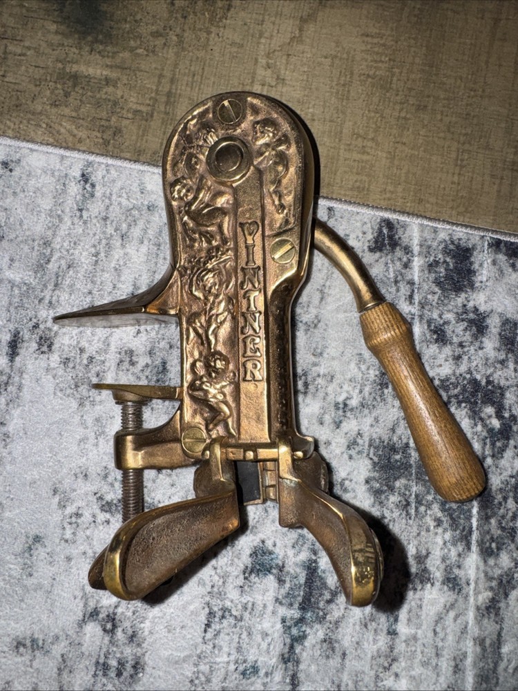 Vintner Brass Wine Bottle Opener Solid Table Mount Corkscrew Cork Cherub Design