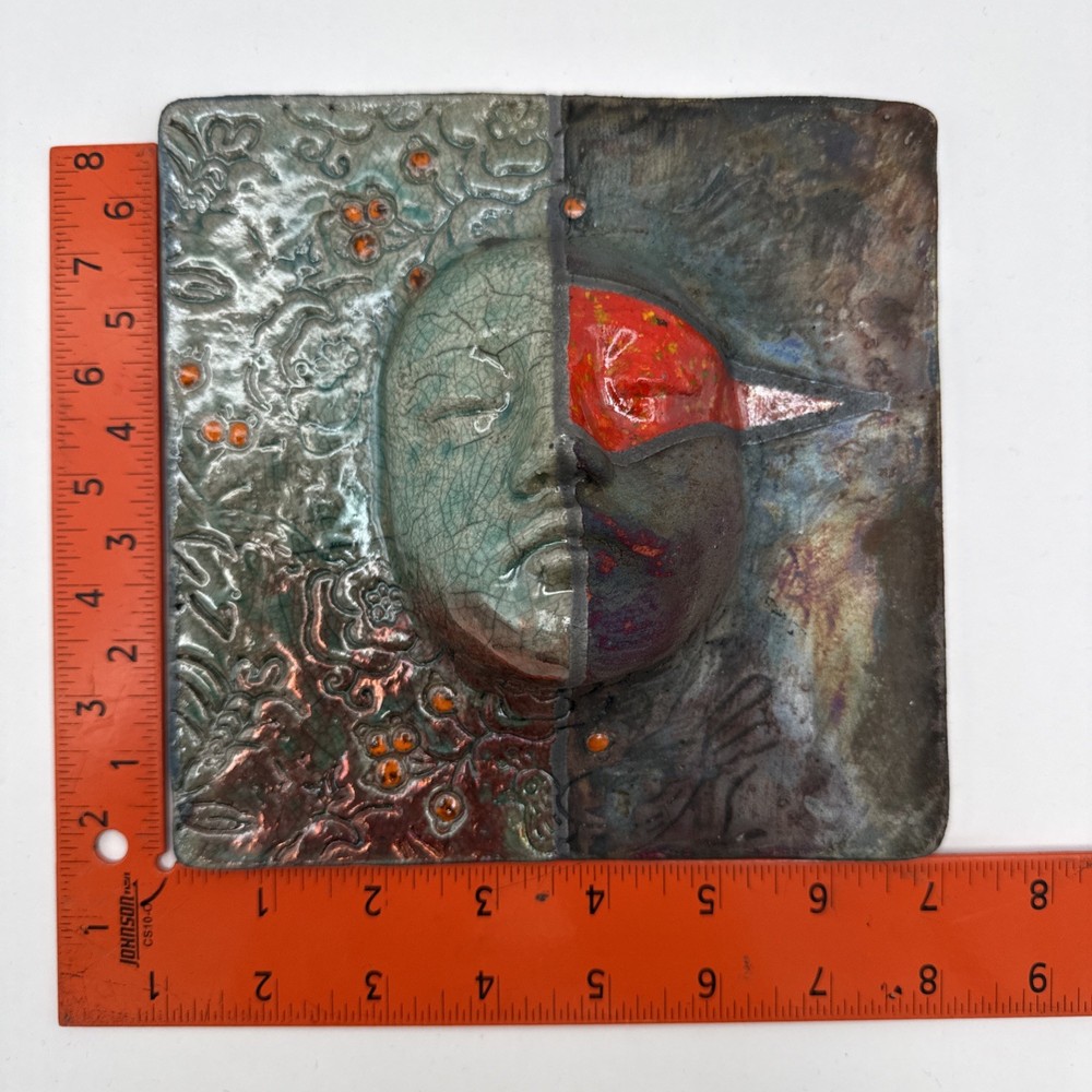 Sergio Naduville Studio Pottery Ceramic Mask Face Tile 7”x7” Signed & Dated 2002
