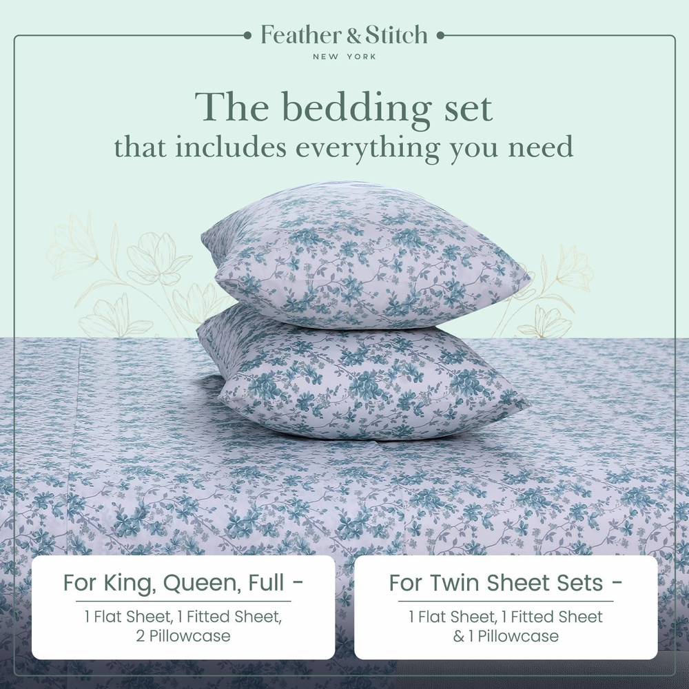 Feather & Stitch Softest 100% Cotton Sheets, 300 Thread Count Percale Weave Bedd