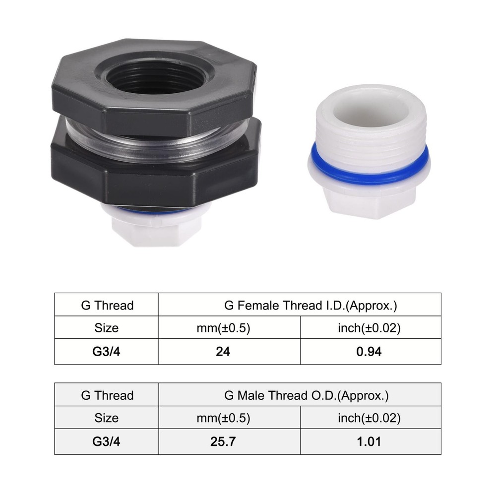 1 Set G3/4 Thread PVC Bulkhead Tank Adapter with White PPR Plug Fitting