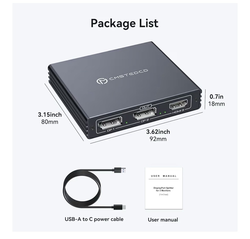 CMSTEDCD KVM Switch Box 1:3 USB-C DisplayPort HDMI Powered Multi-Display Adapter