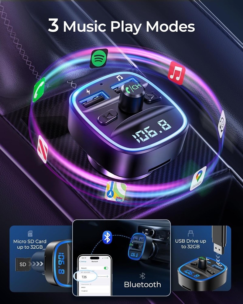 FM Transmitter Bluetooth Car Adapter 2 USB Fast Charging Hands-Free Calling