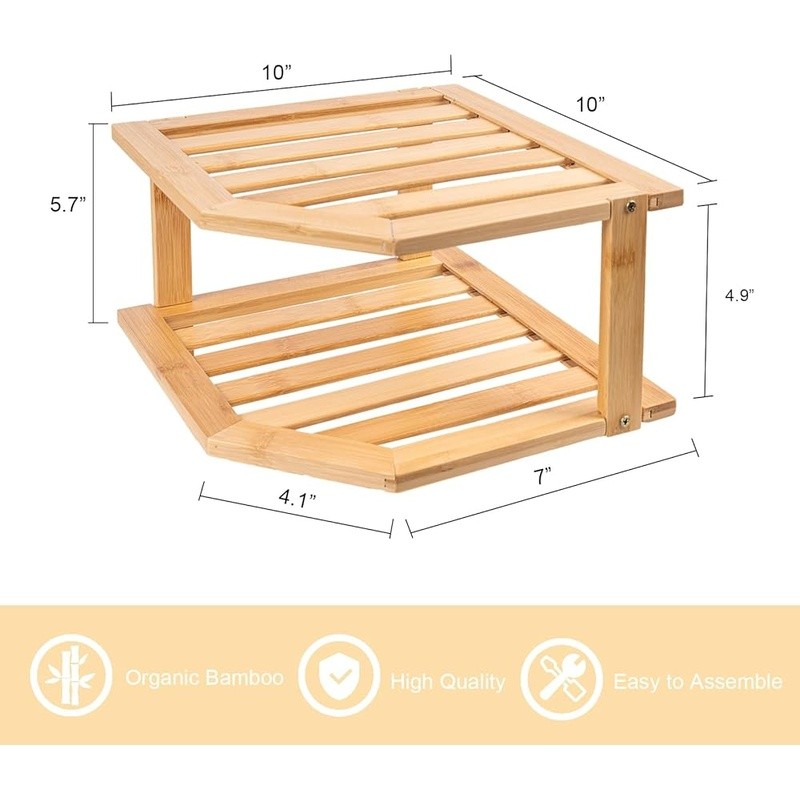 Bamboo Plate Organizer Adjustable Kitchen Corner Shelf Durable Dish Rack Storage